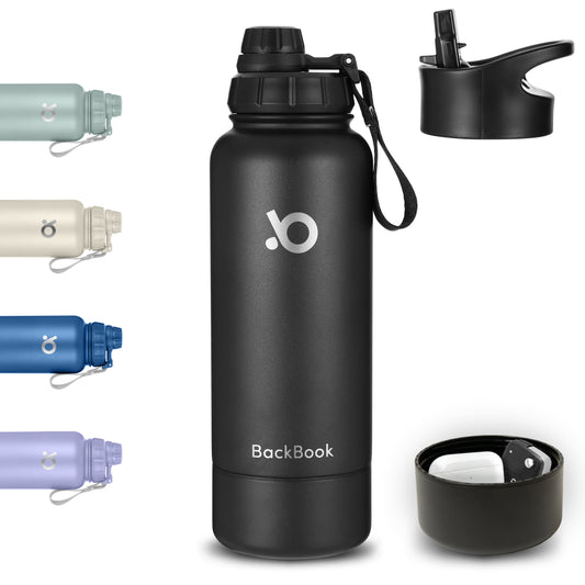 Super Black - 32 oz Insulated Sports Water Bottle With 8 oz Storage Compartment, Hot & Cold - BackBook