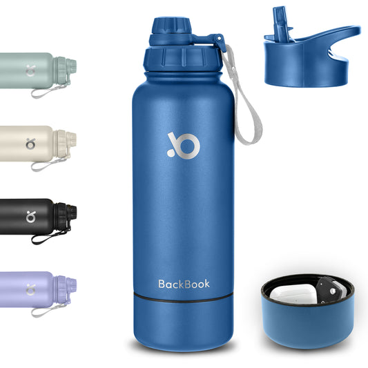 Super Blue - 32 oz Insulated Sports Water Bottle With 8 oz Storage Compartment, Hot & Cold - BackBook